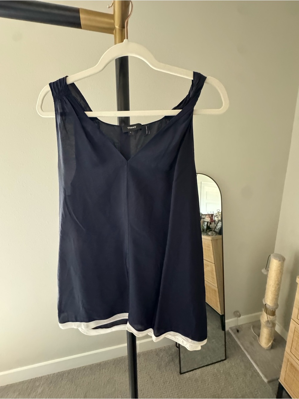 Theory Navy Sleeveless V-Neck Tank with White Hem
